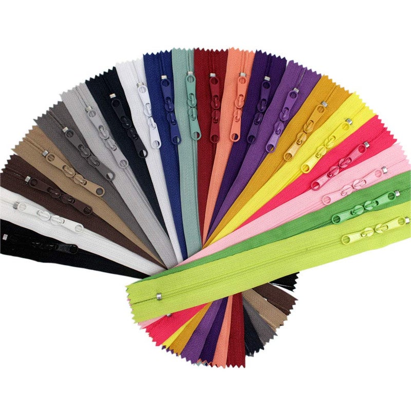 MebuZip 20PCS 20 Inches Double Slider Zippers #3 Nylon Coil With Two Long Pulls Head to Head Closed Ended 20 Assorted Colors (20") - Image 1